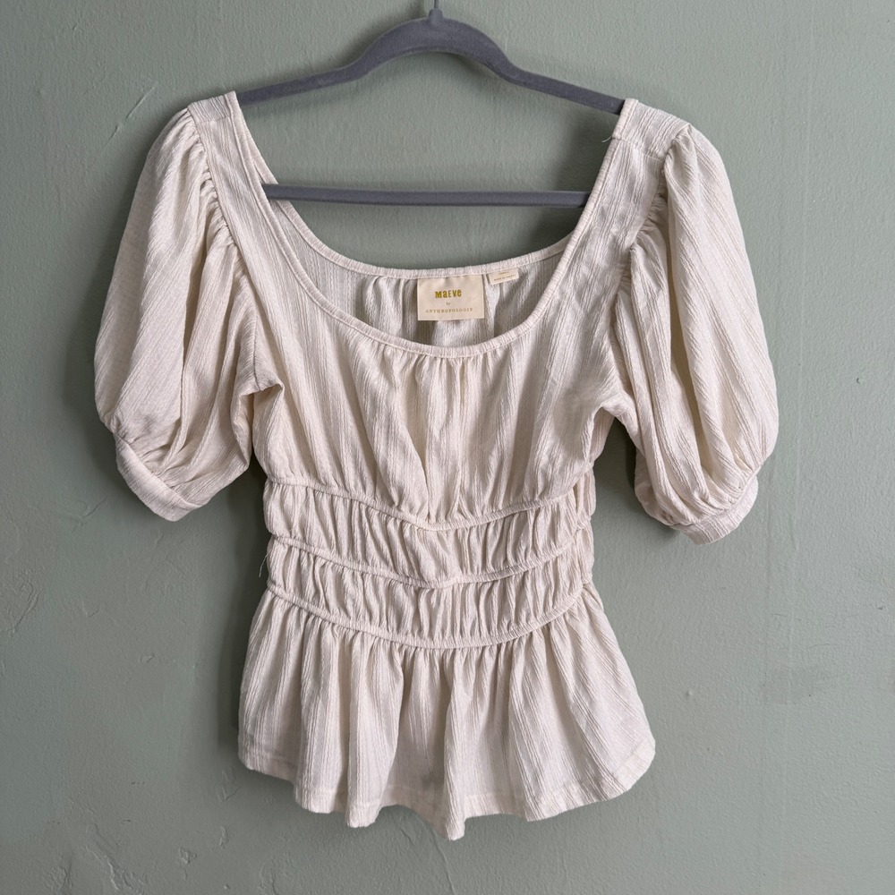 Maeve Anthropologie Ivory Smocked Peplum Puff Sleeve Blouse Top Cottage Boho XS - Picture 8 of 8